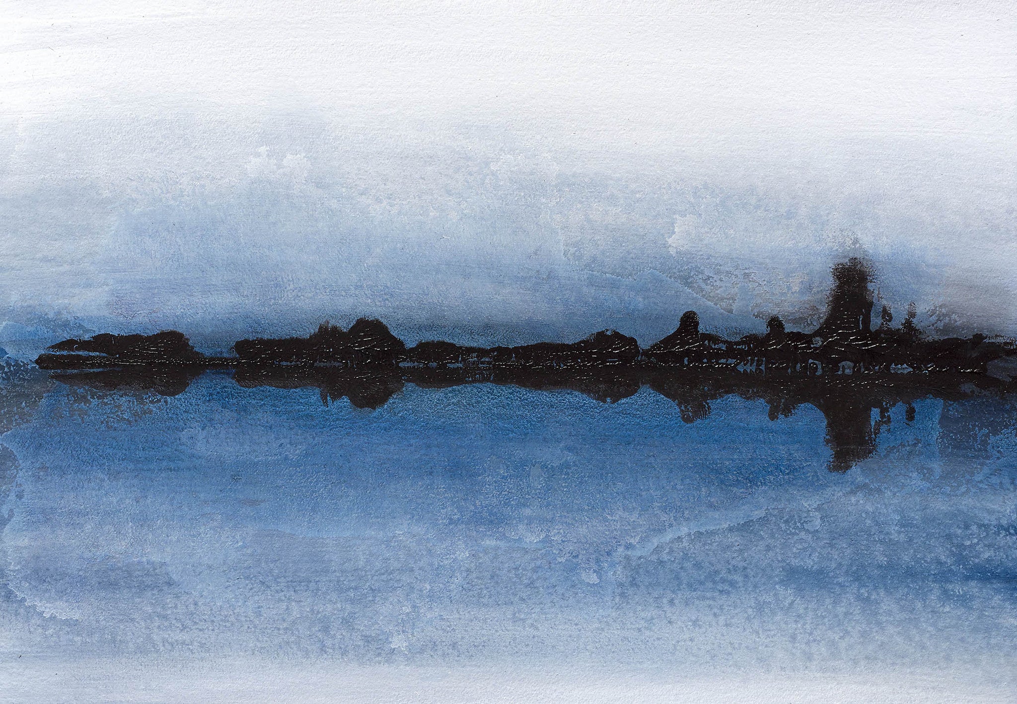 Tranquil abstract landscape painting with reflective horizon in rich blues and blacks