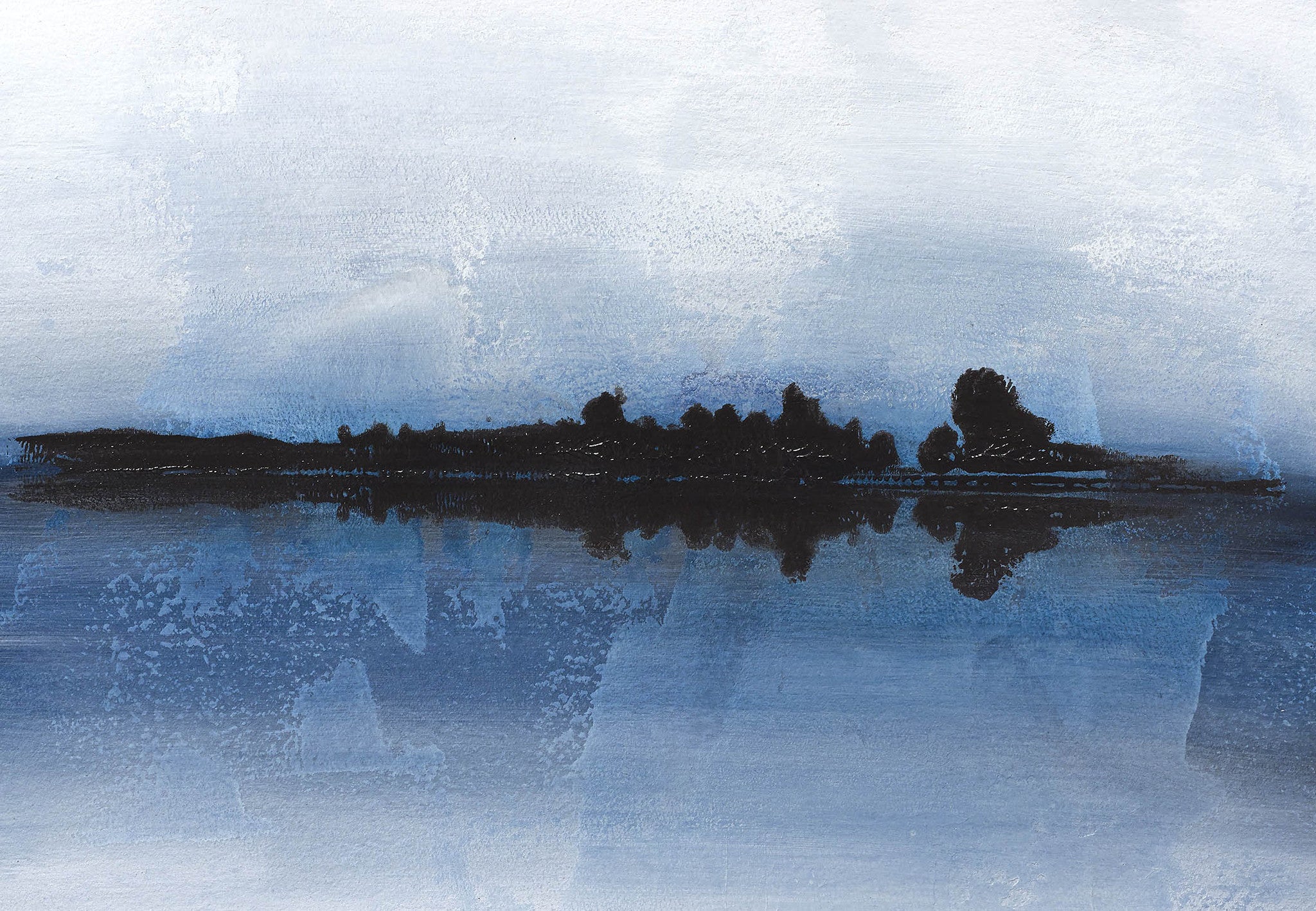 Minimalist abstract landscape in soft blue and deep black with delicate reflection