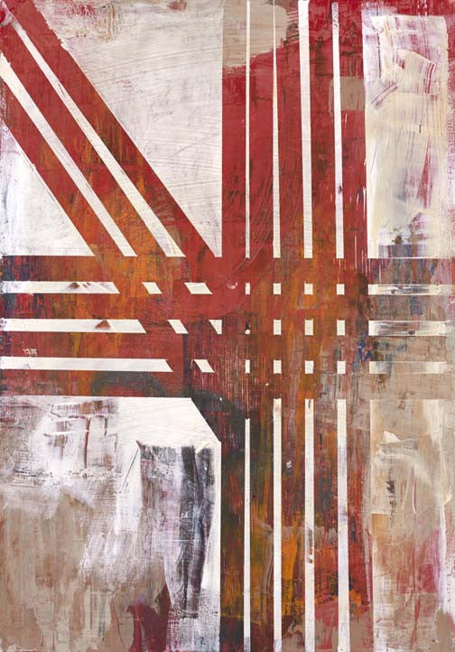 Bold geometric abstract artwork with intersecting lines in vibrant red, warm orange, and earthy neutrals, creating a dynamic, structured composition