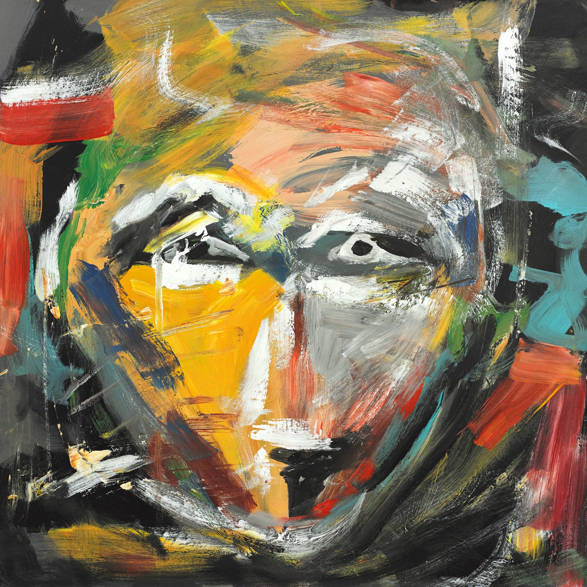 Expressive abstract portrait painting with bold brushstrokes and vivid colors showing emotional depth.