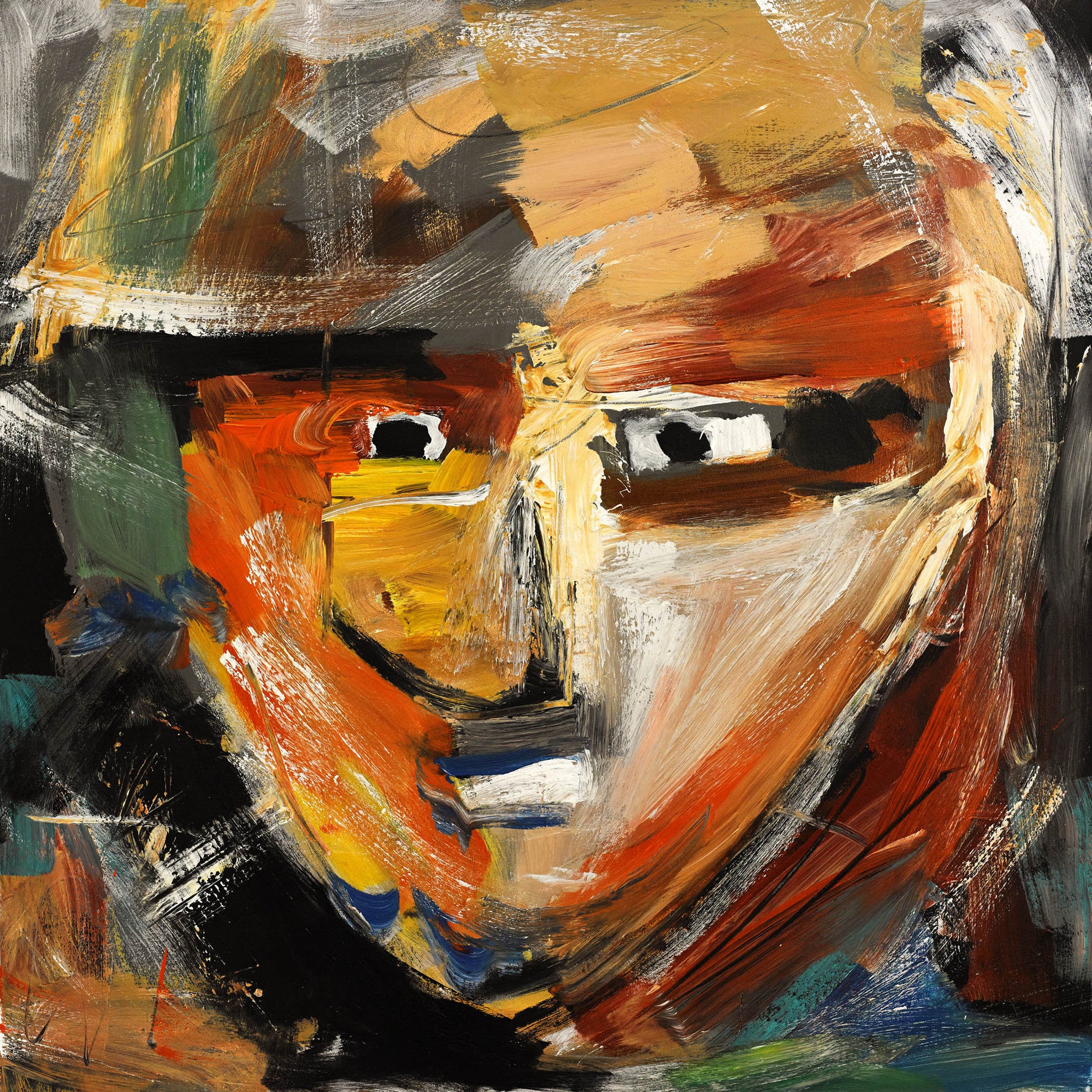 Expressive abstract portrait with bold brushstrokes and vivid colors showing emotional intensity.