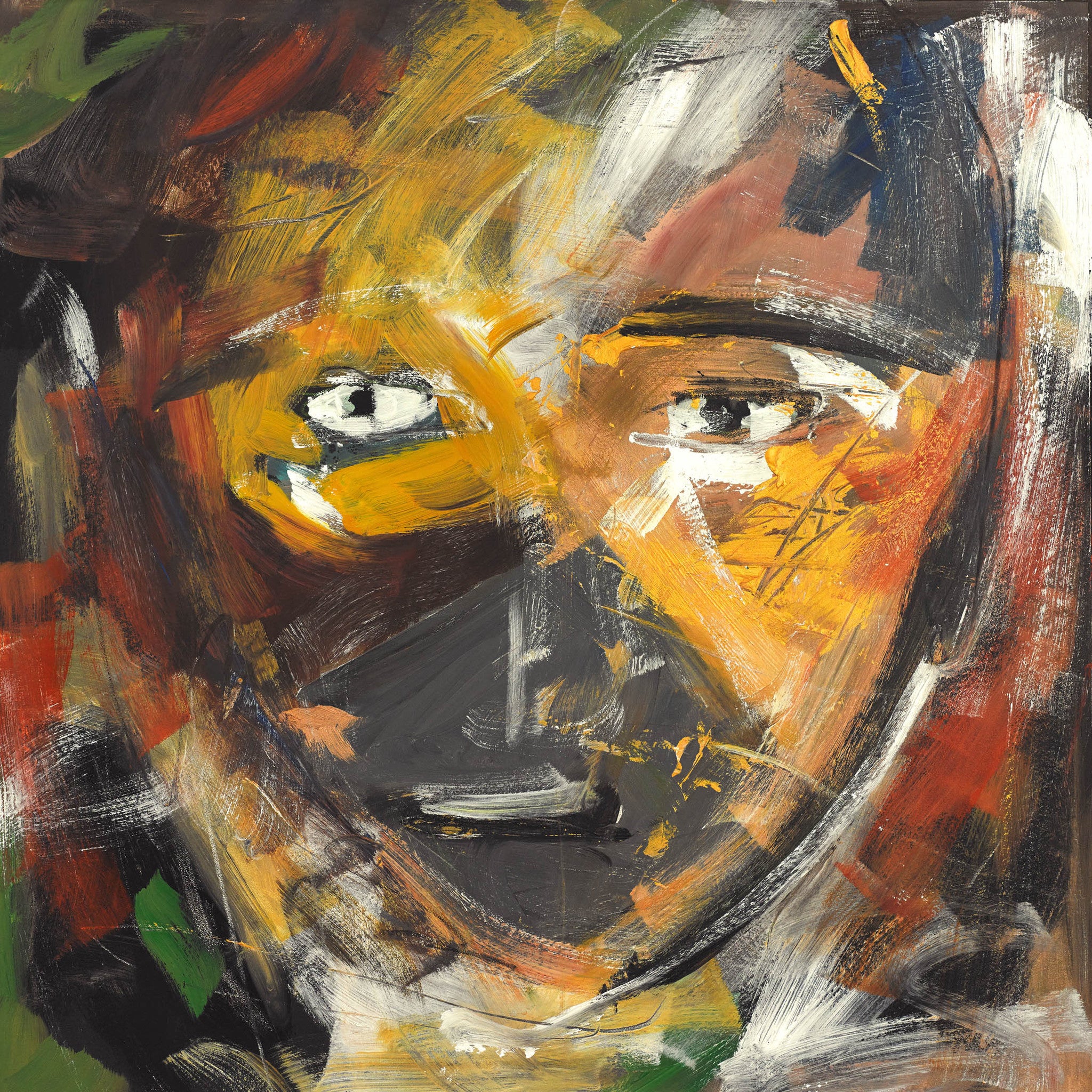 Expressive abstract portrait painting with bold brushstrokes, vivid colors, and emotional intensity.