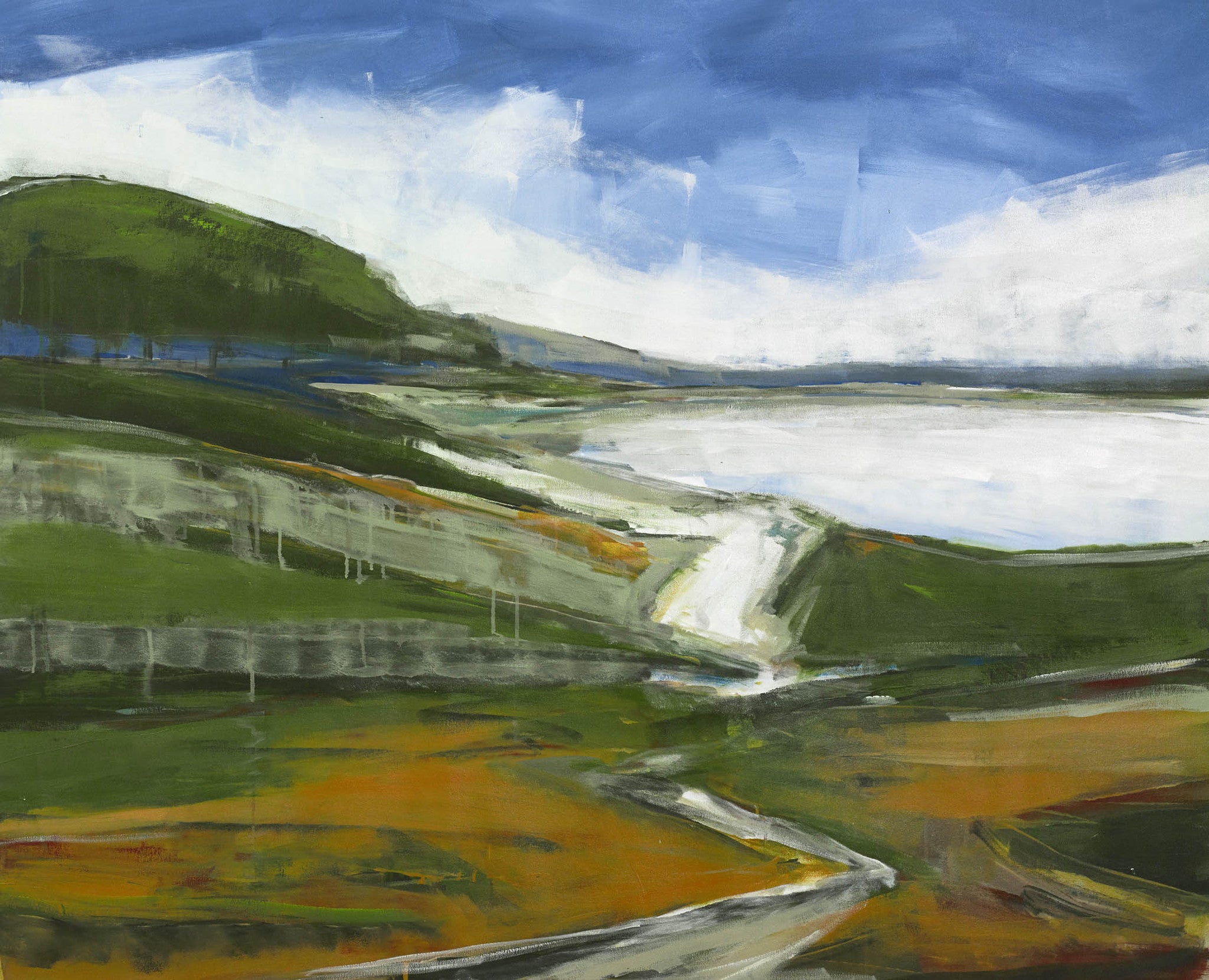 abstract landscape painting with green, blue, and burnt ochre brushstrokes