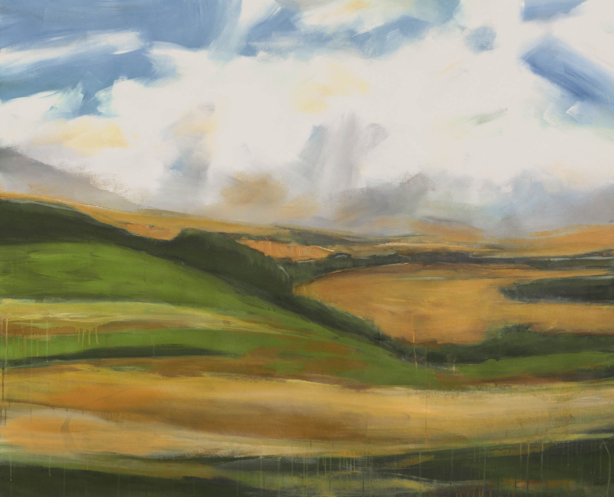 expressive abstract painting with green, ochre, and blue brushstrokes, part of a nature-inspired set