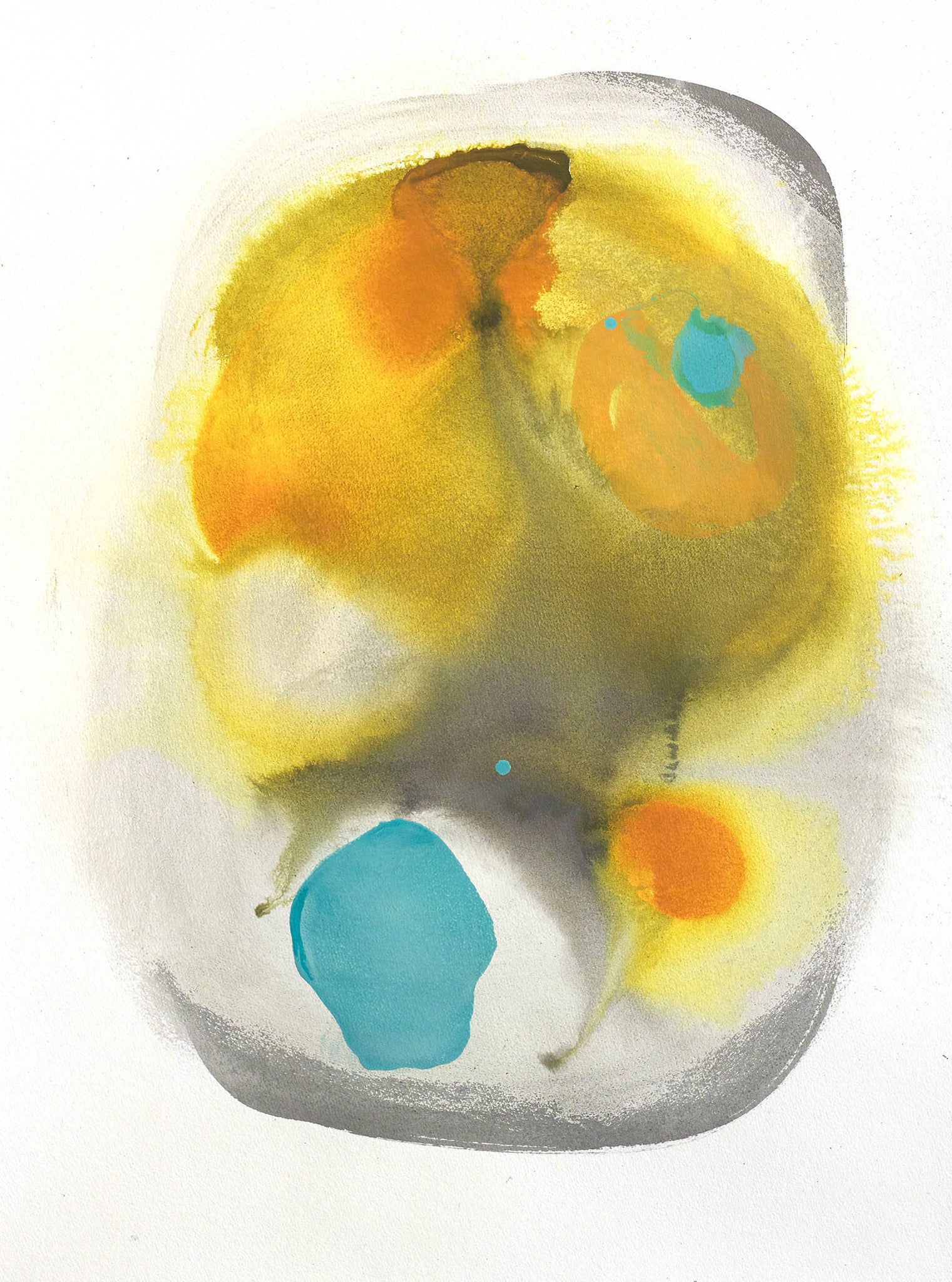 Abstract yellow and turquoise painting with soft gray washes and fluid luminous form