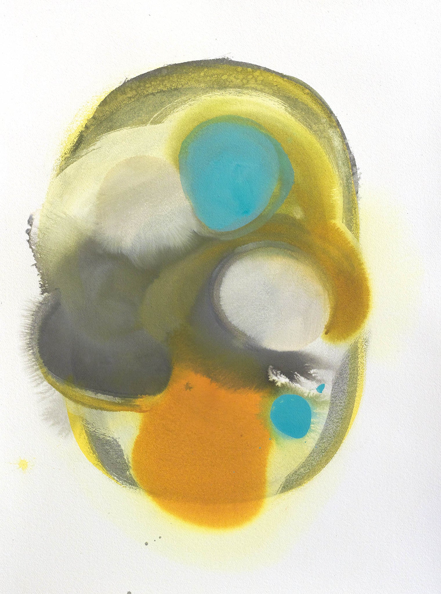 Abstract yellow and turquoise artwork with soft fluid shapes and warm gray tones