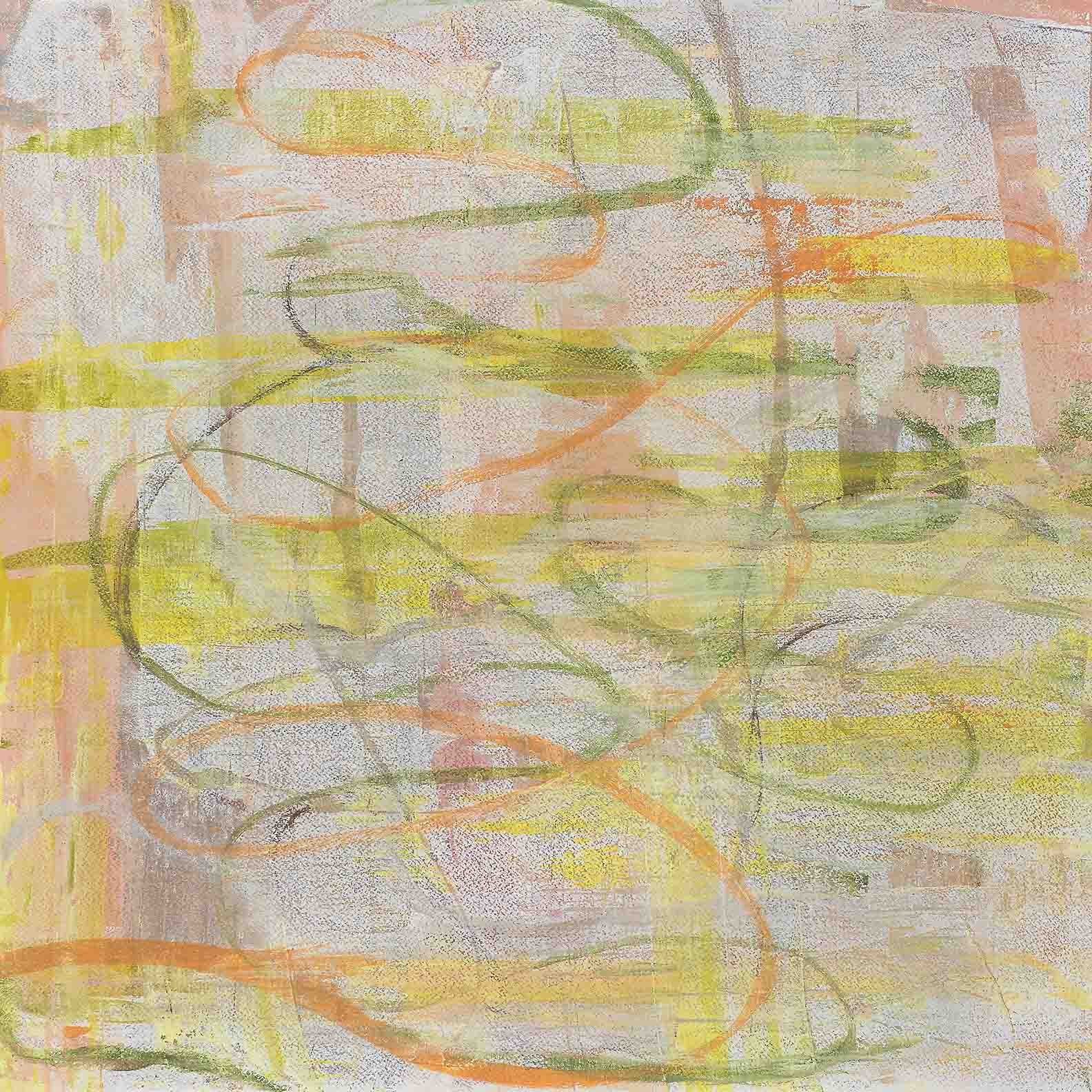 Serene abstract painting with soft loops and layered shades of citron, pale peach, and muted green, evoking harmony and playful movement.
