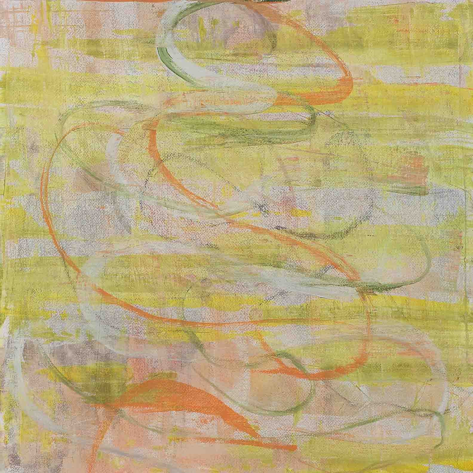 Playful abstract painting with delicate swirls in fresh citron, soft peach, and airy greens, creating soothing rhythm and gentle movement.