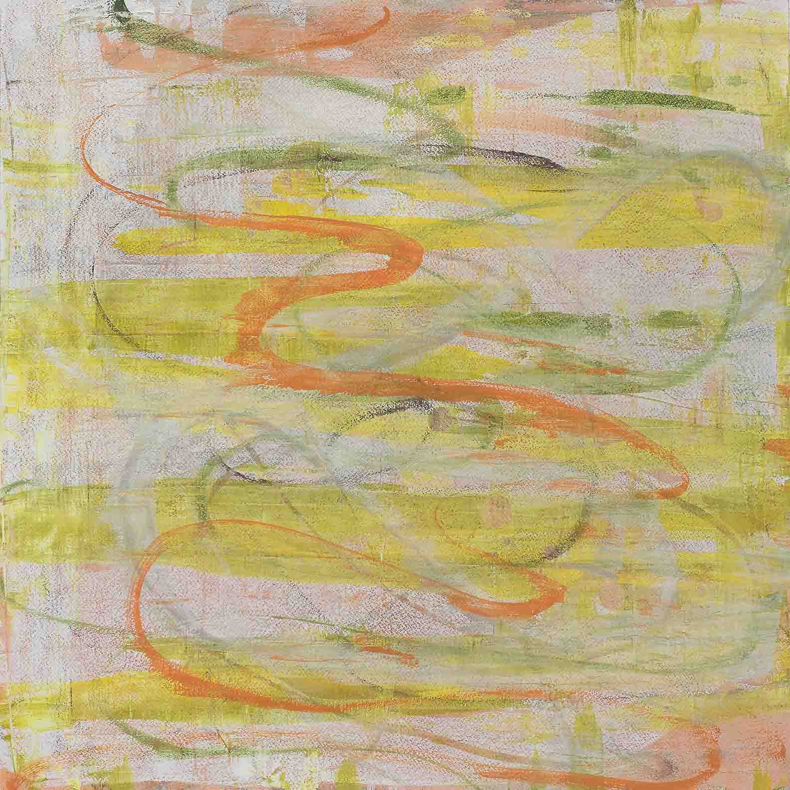 Graceful abstract painting with flowing loops of citron, peach, and green on a soft background, evoking serene harmony and quiet movement.