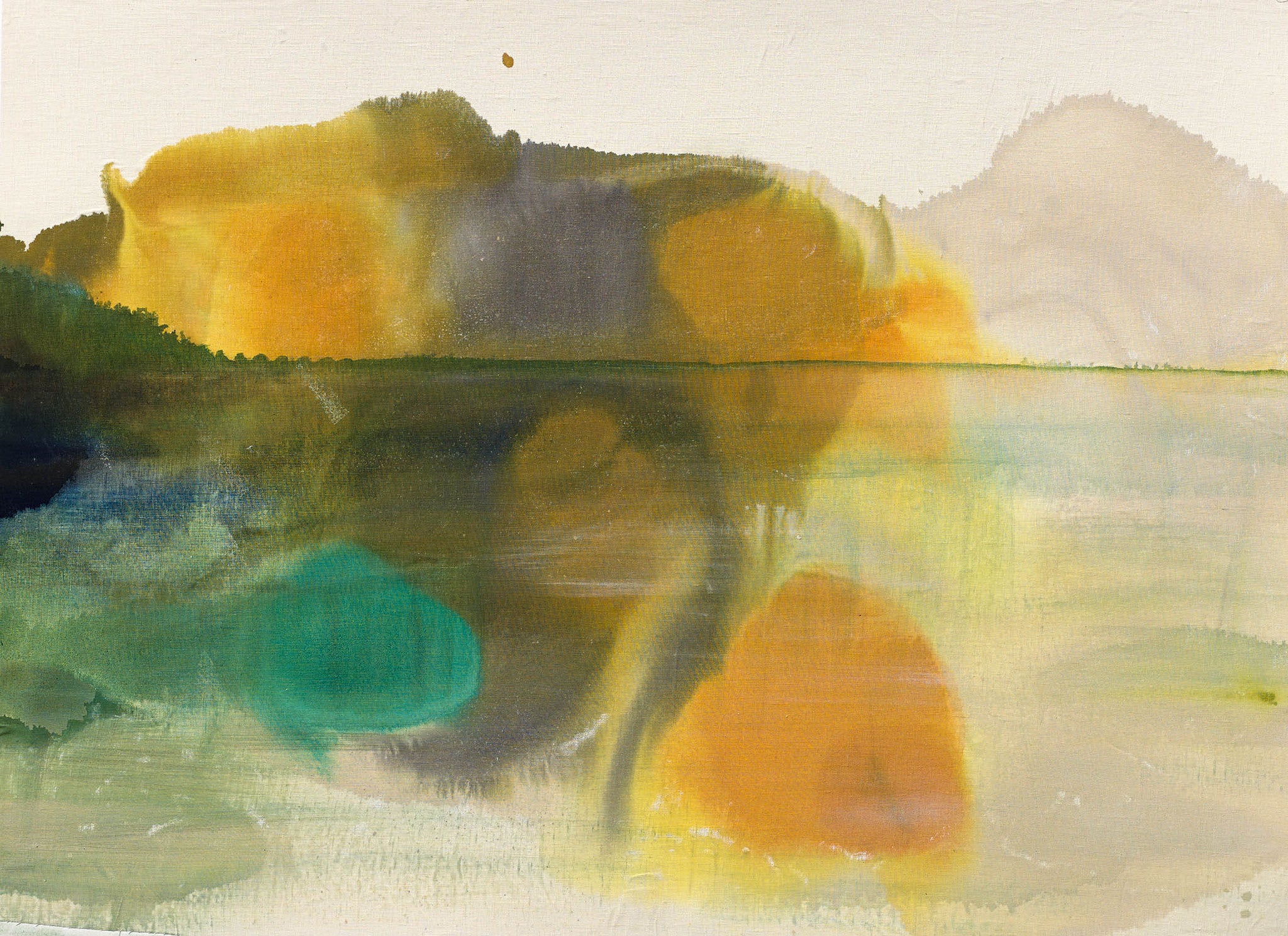 Serene watercolor landscape in soft green, yellow, and orange tones, evoking calm light and a dreamy modern atmosphere.