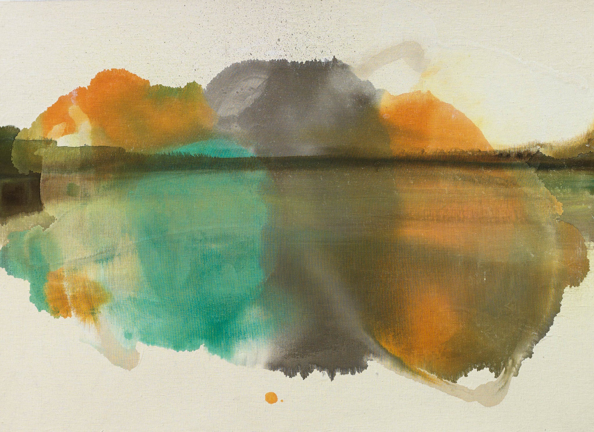 Dreamy abstract watercolor in soft green, yellow, and orange tones, evoking sunlight, calm, and gentle atmosphere.