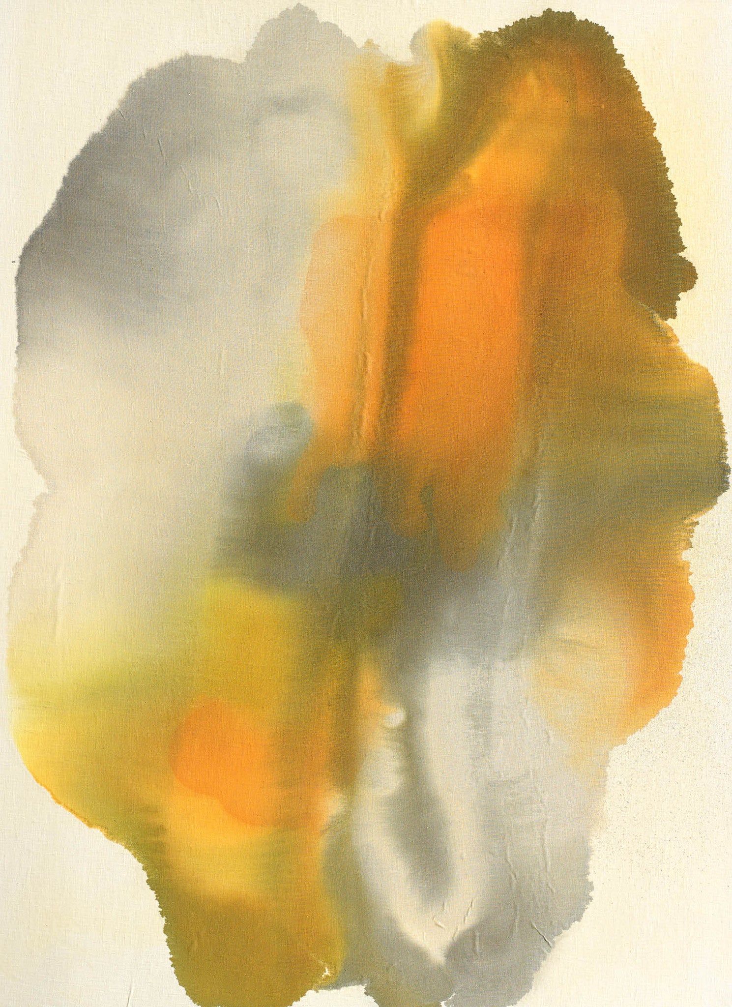 Warm abstract painting with orange, gray, and yellow tones blending softly across the canvas.