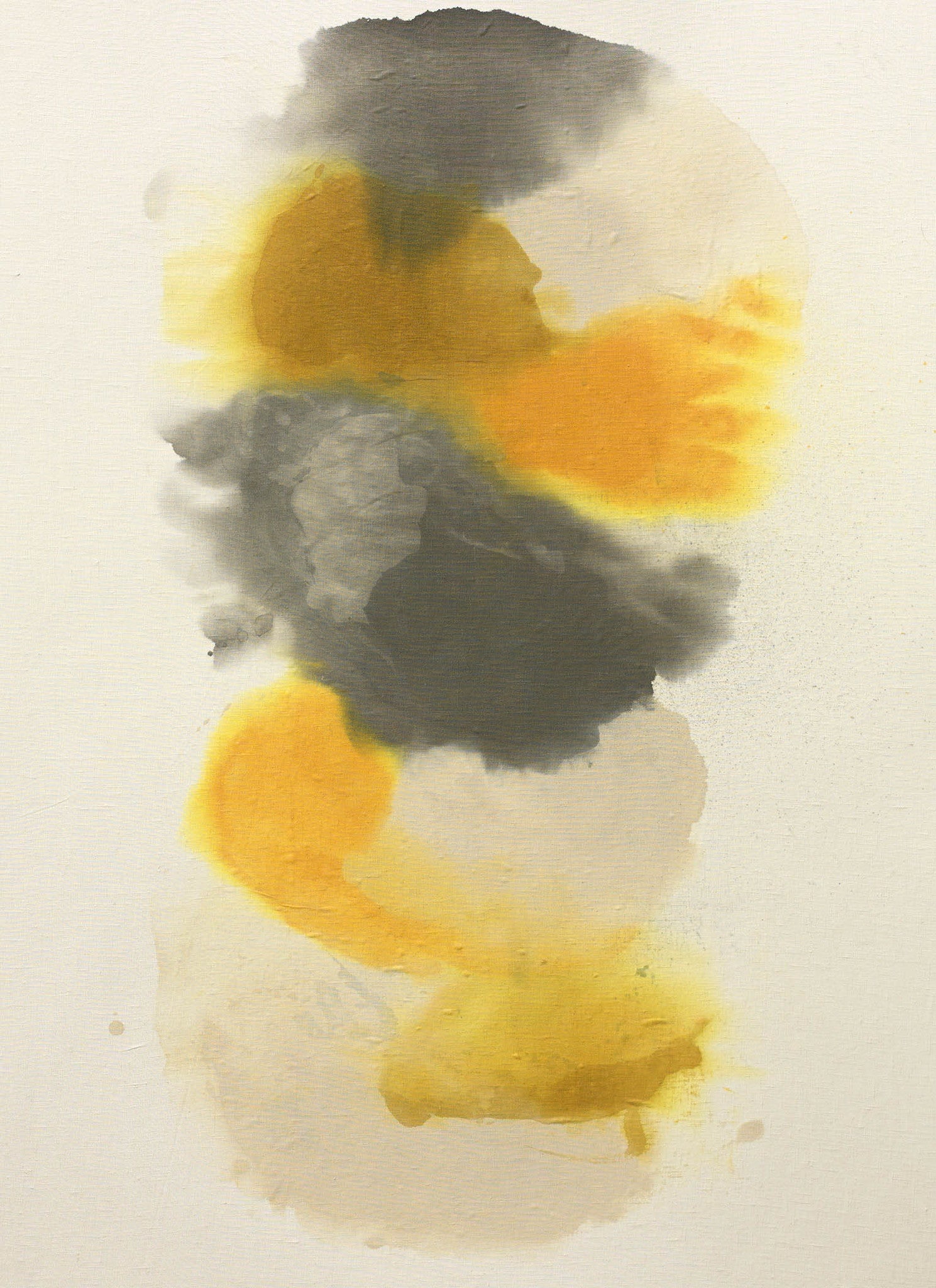 Calming abstract painting in warm orange, gray, and yellow tones with soft, fluid shapes.