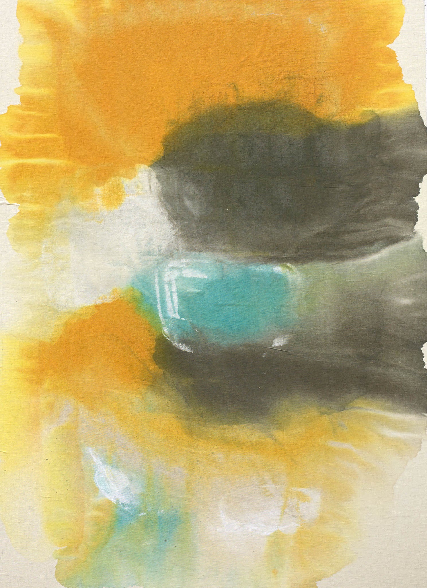 Serene abstract artwork featuring warm orange, gray, and yellow tones in soft, fluid shapes.