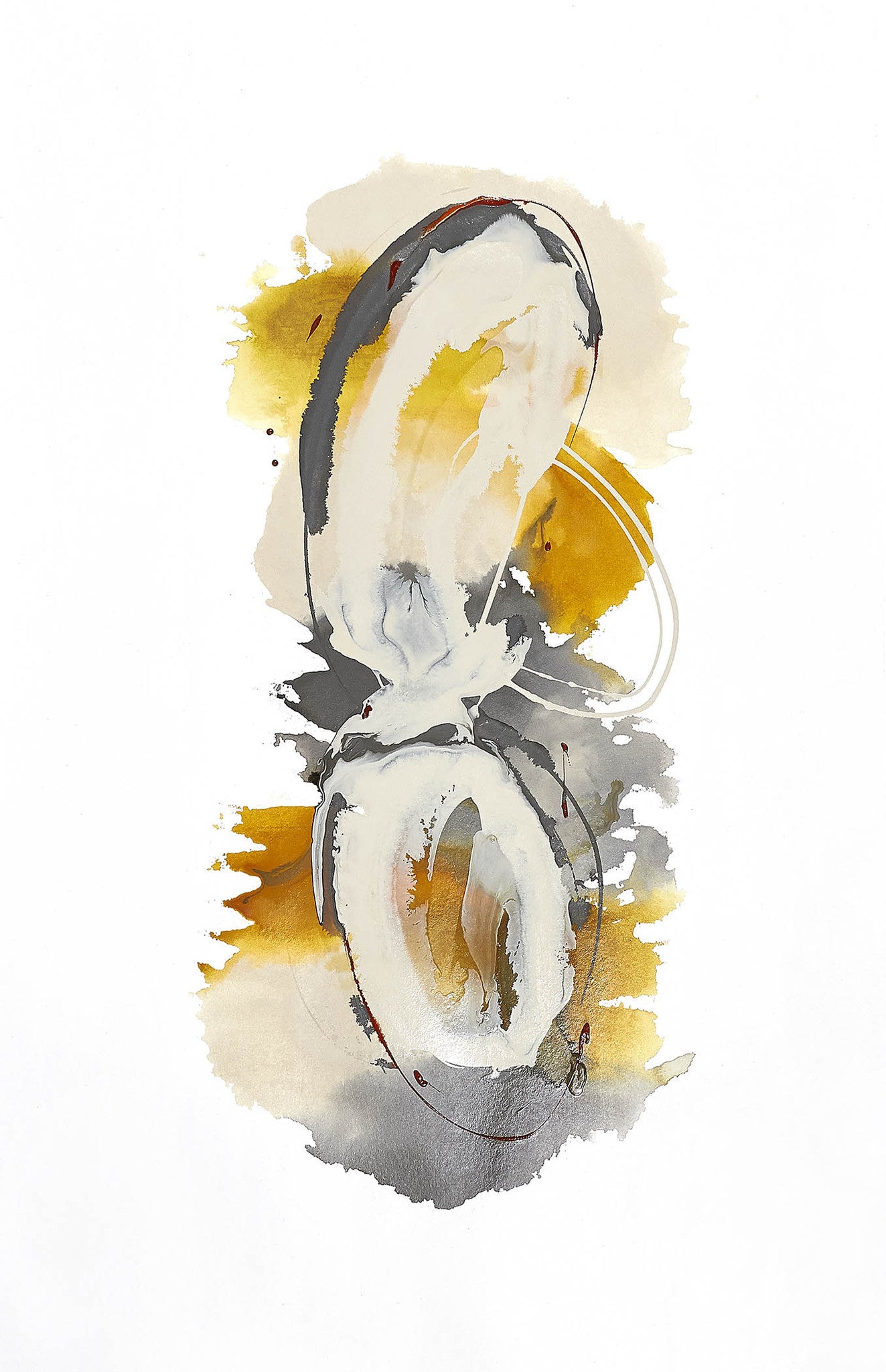 Elegant abstract painting featuring gray and golden yellow forms with soft, fluid lines.