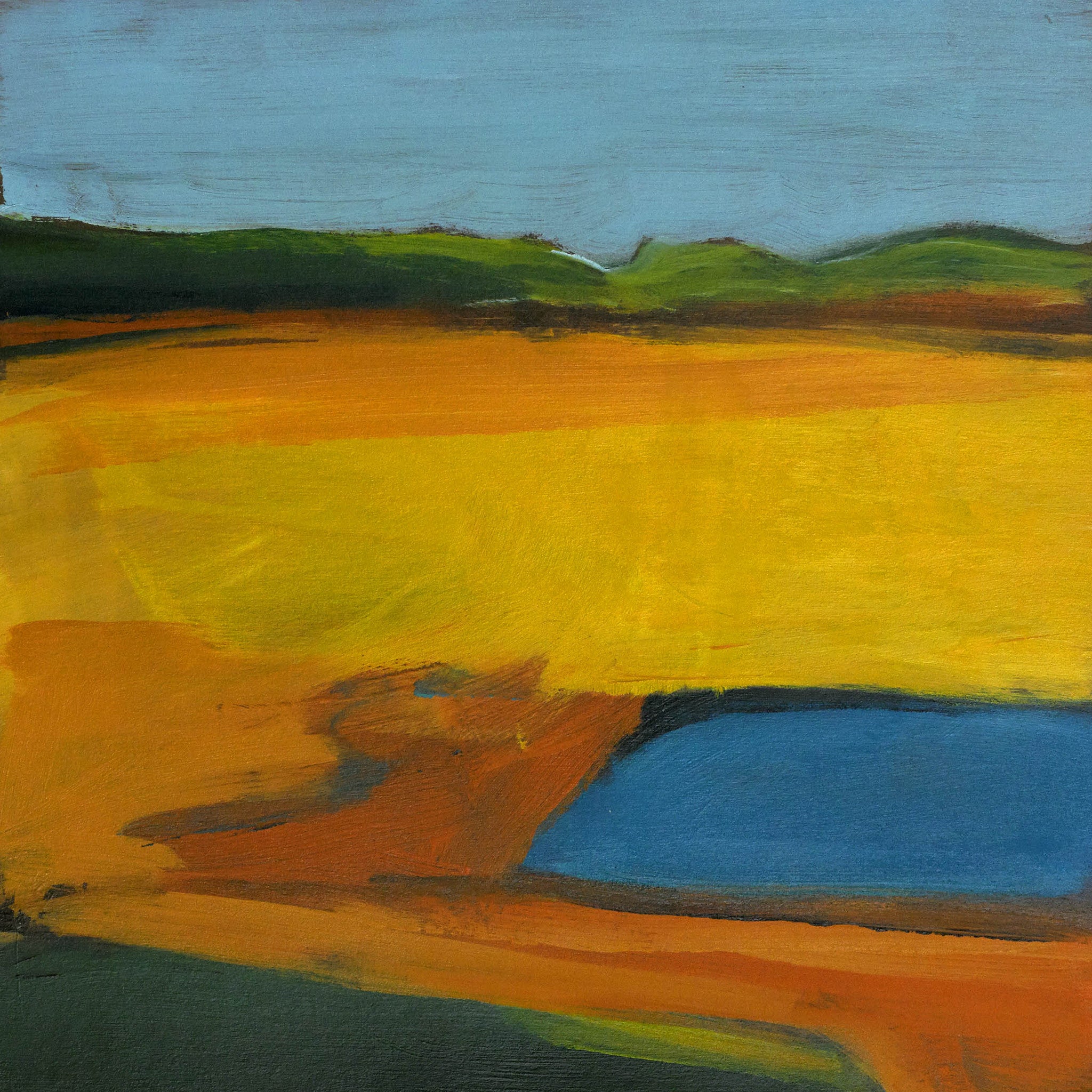 Abstract coastal painting with vivid blue water, golden sands, and expressive orange brushstrokes.