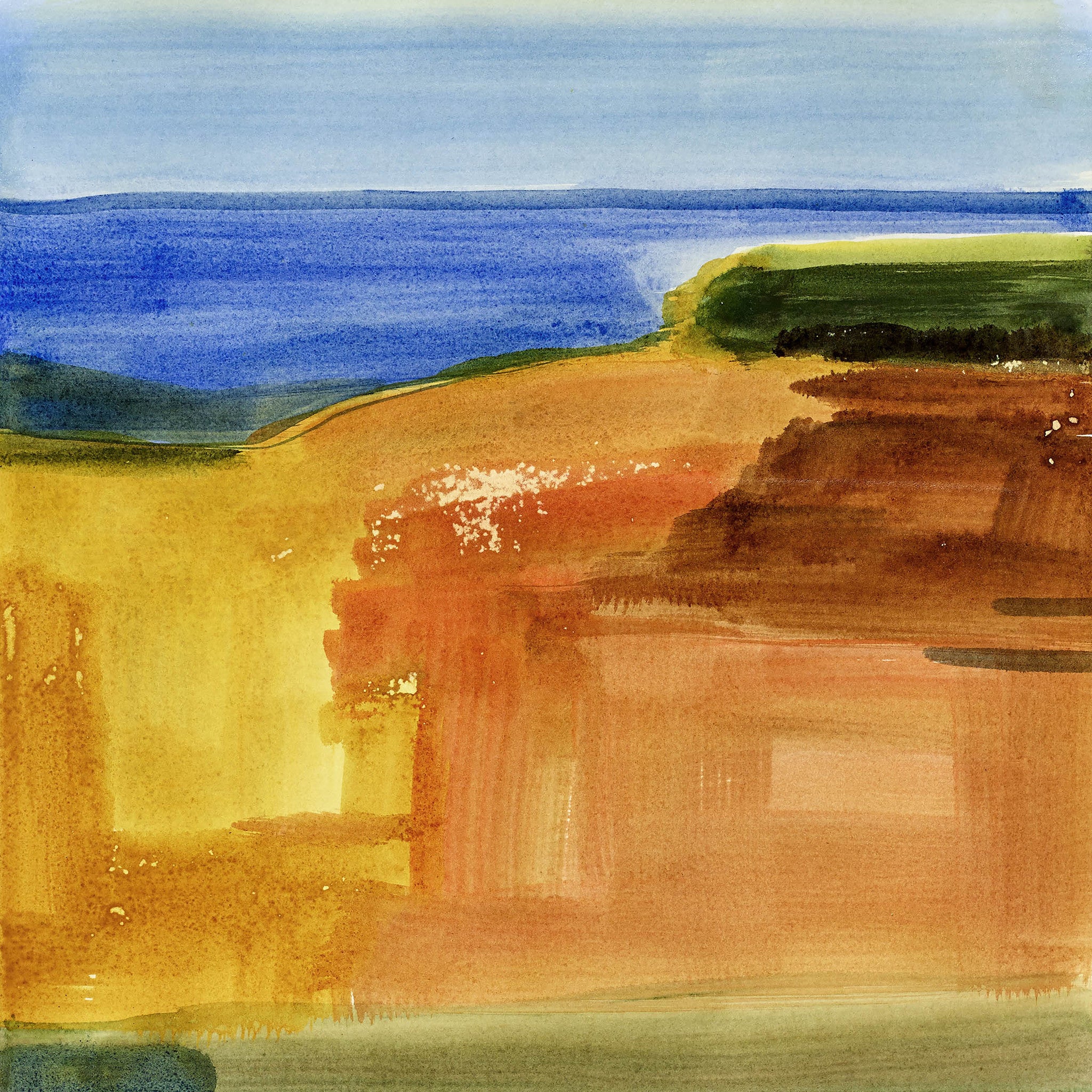 Earth-inspired abstract art featuring a waterfall in bold ochre, green, and white tones.