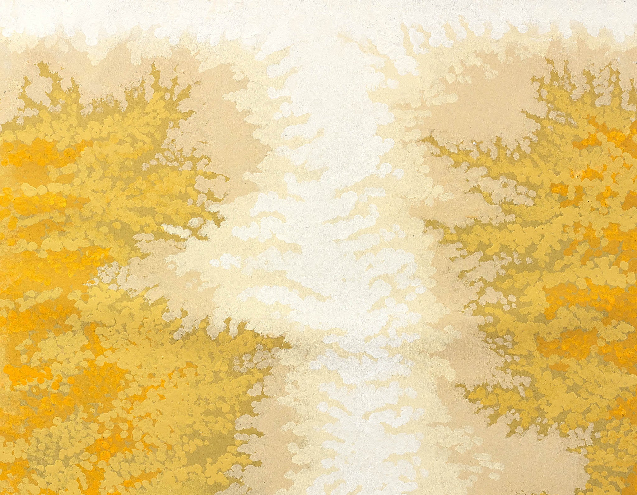 Golden burst abstract artwork with mirrored flame-like shapes on a soft ivory field, radiating warmth and delicate rhythm.