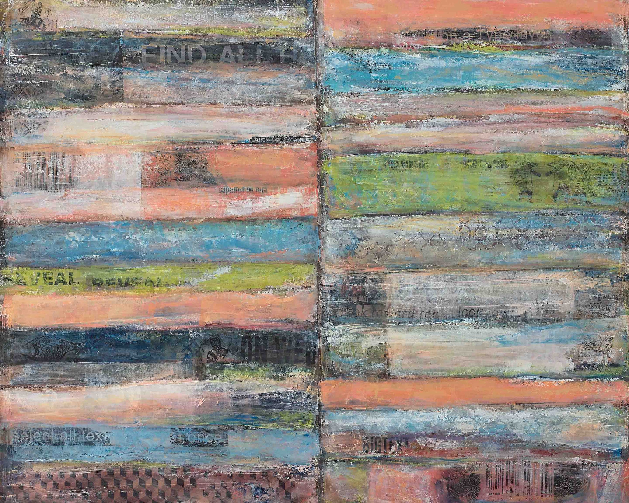 Textured abstract mixed-media art with layered coral, blue, and green tones partially revealing text, barcodes, and archival patterns