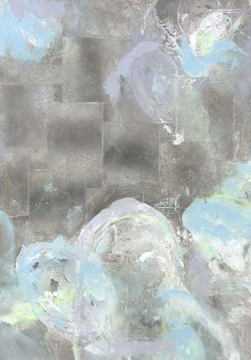Chalk Walk Wash I abstract with soft swirls of blue, mint, and lilac drifting across a textured gray background, delicate and atmospheric.
