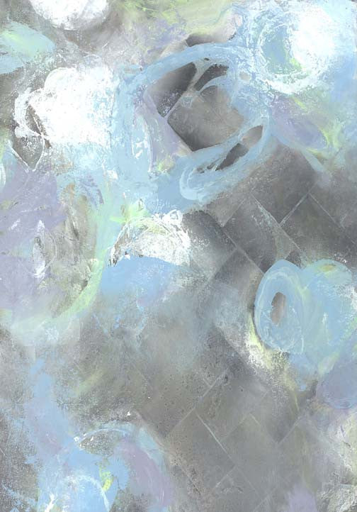 Chalk Walk Wash II abstract with swirls of aqua, mint, and lavender drifting across a misty tiled ground, playful and softly atmospheric.