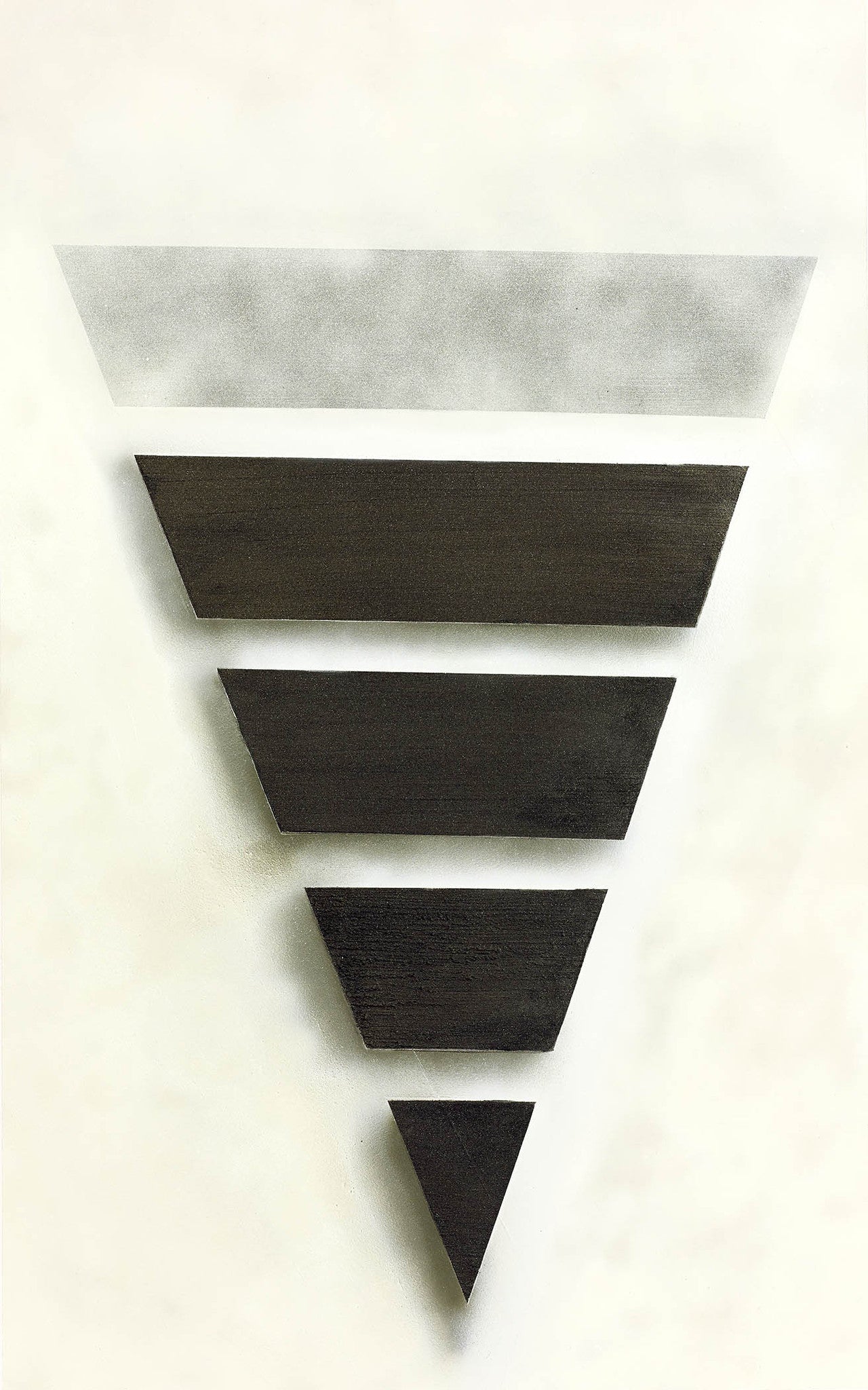 Geometric minimalist painting with descending trapezoids and triangle in black, evoking structure, balance, and subtle fade.