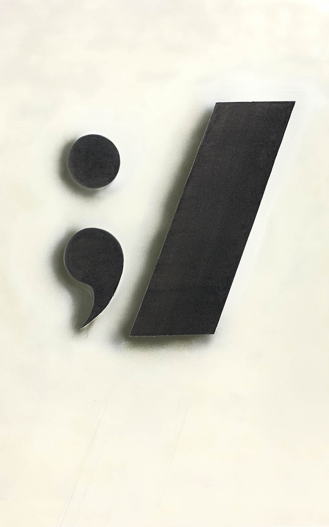 Conceptual minimalist art with black semicolon and slash forms on pale ground, symbolizing language, pause, and motion.