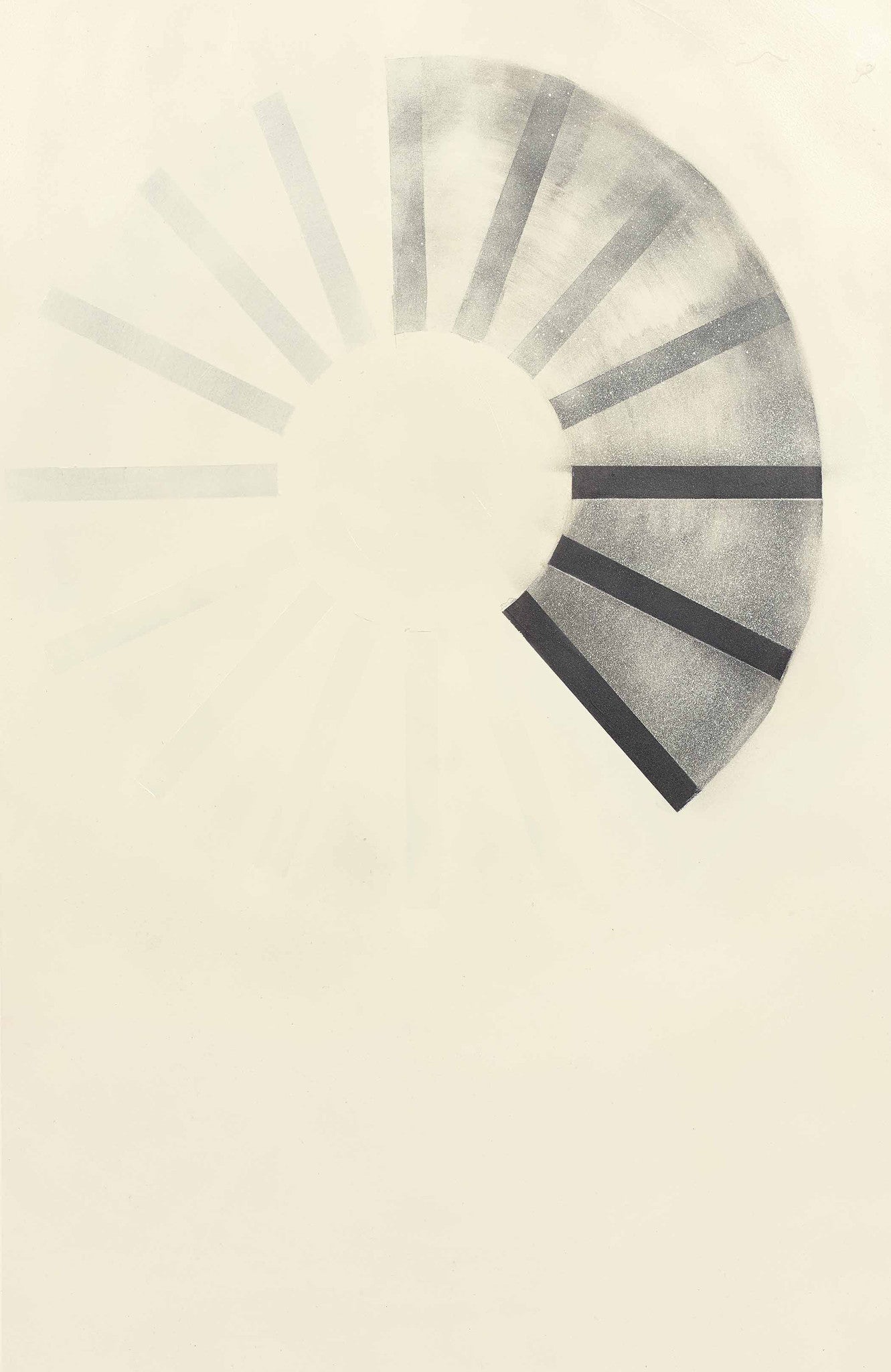 Celestial minimalist painting with grayscale radial burst and black arc, evoking time, cycles, and cosmic balance.
