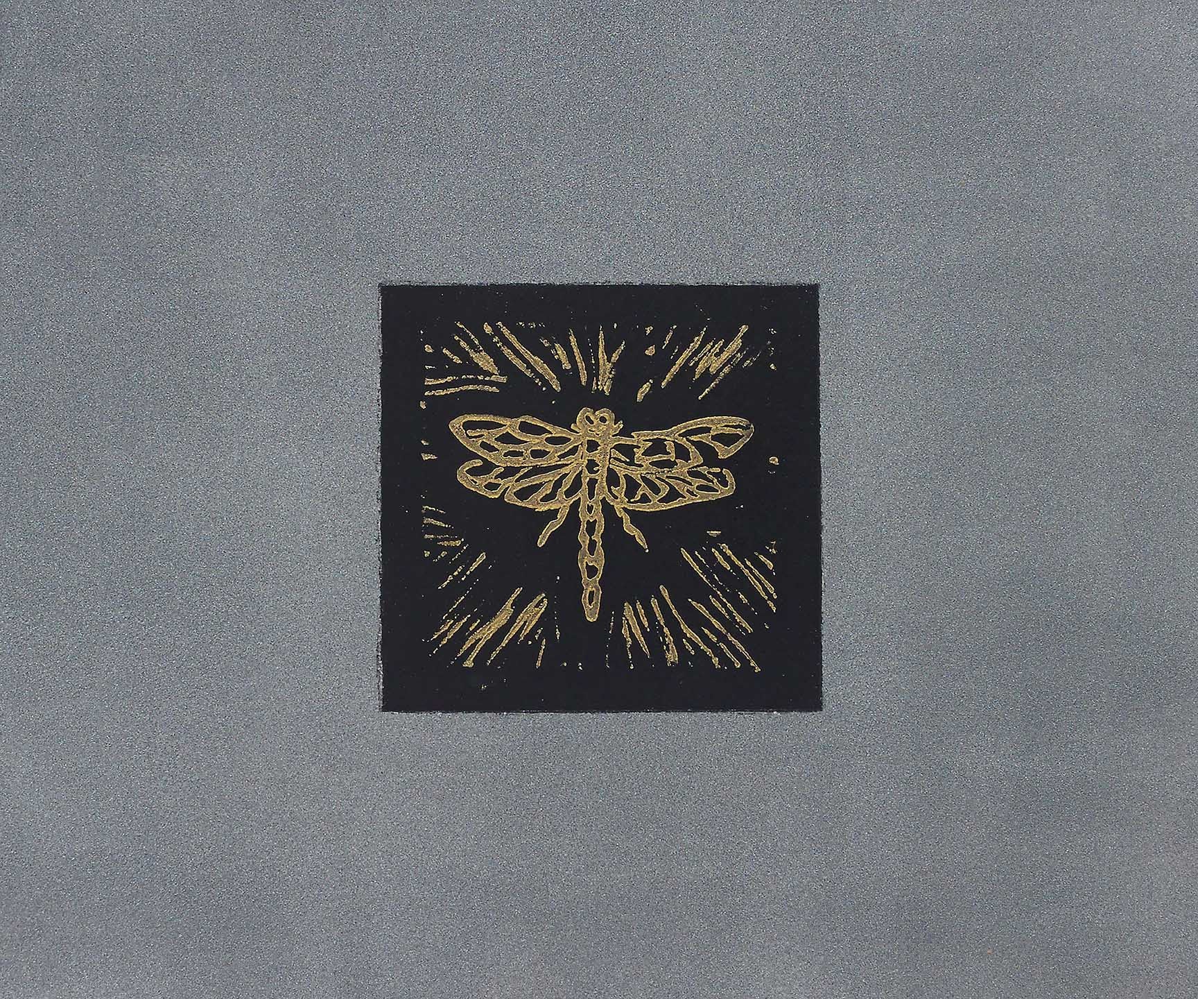 Golden bee artwork with detailed etching on a moody slate background, minimal and symbolic