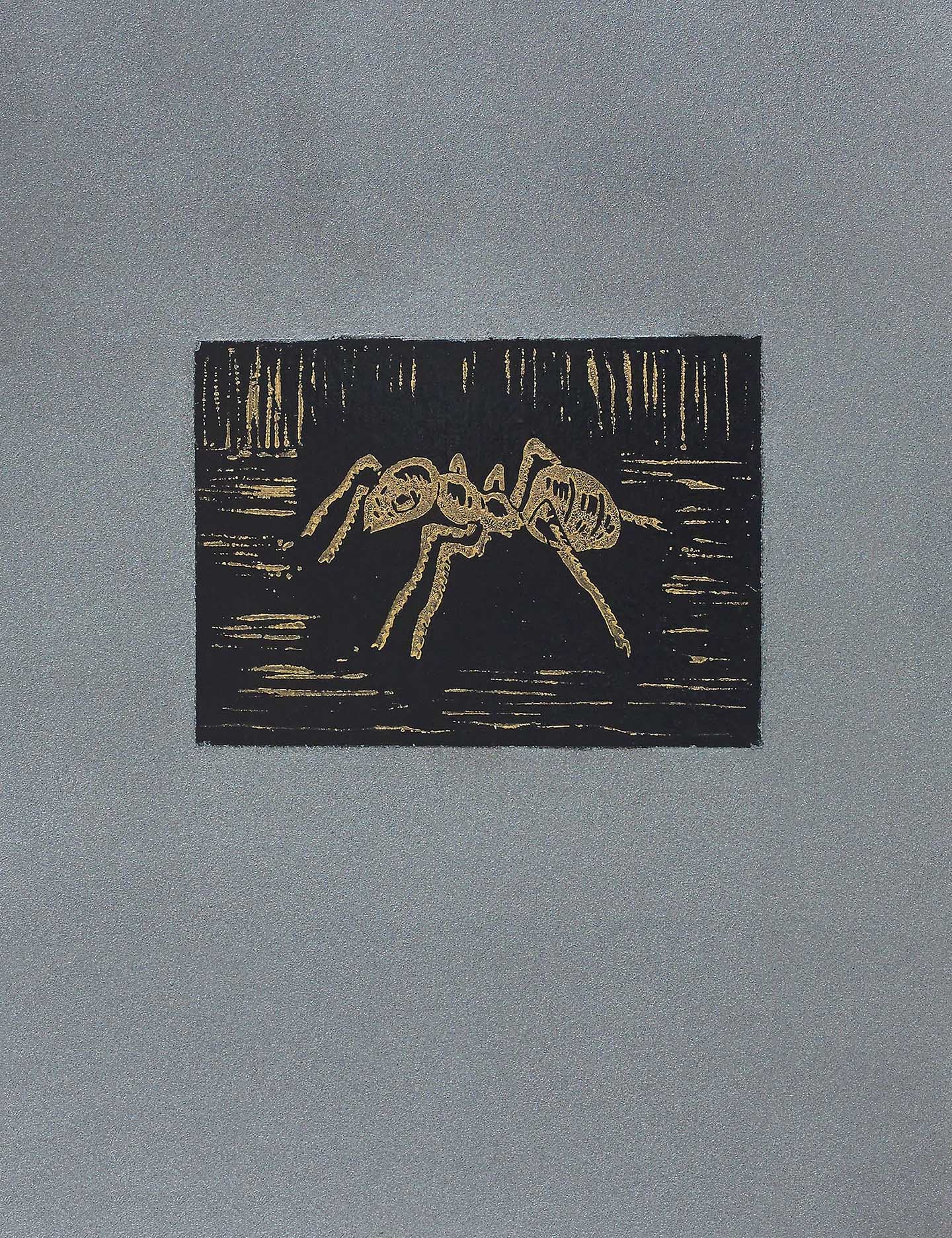 Minimalist ant print with a single black ant etched in bold lines across horizontal marks