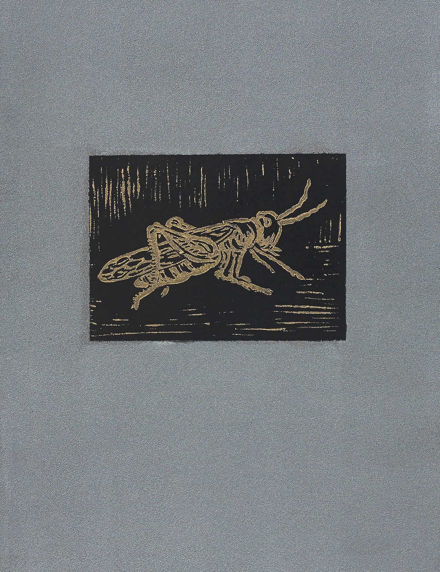 Minimalist bee artwork with crisp golden etching on a moody slate background