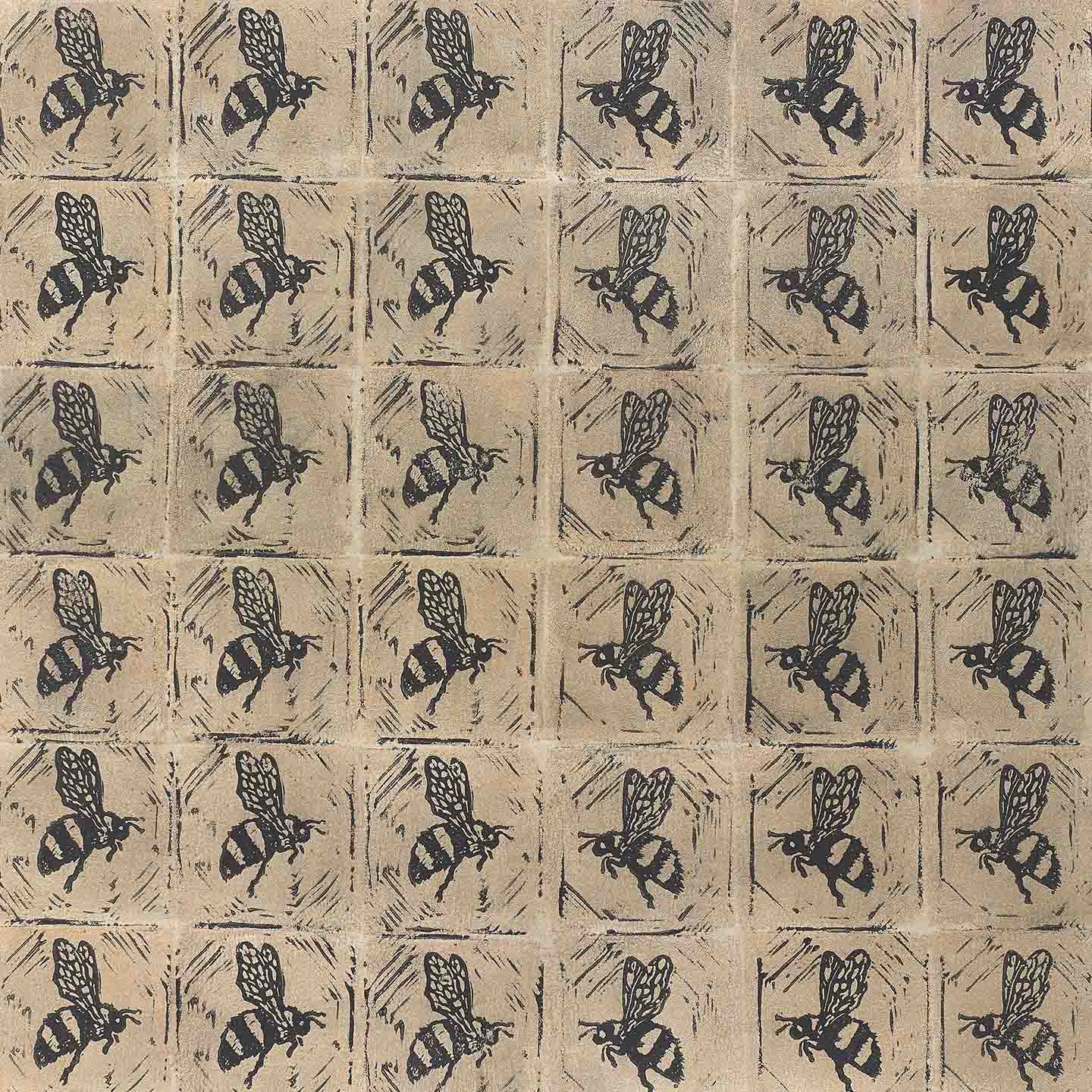 Bee pattern artwork with block-printed bees in rhythmic rows forming a geometric, hive-inspired grid