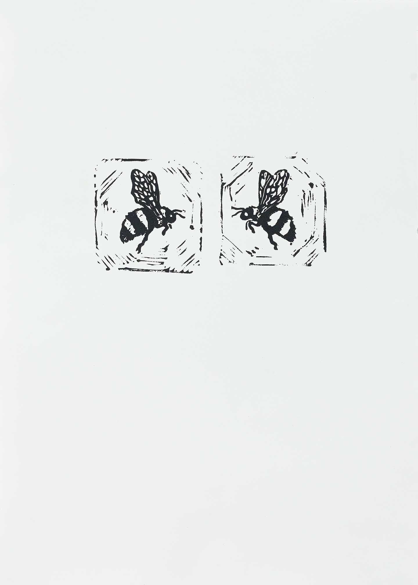 Bee stamp artwork featuring two black bees in minimalist symmetry on a pale background