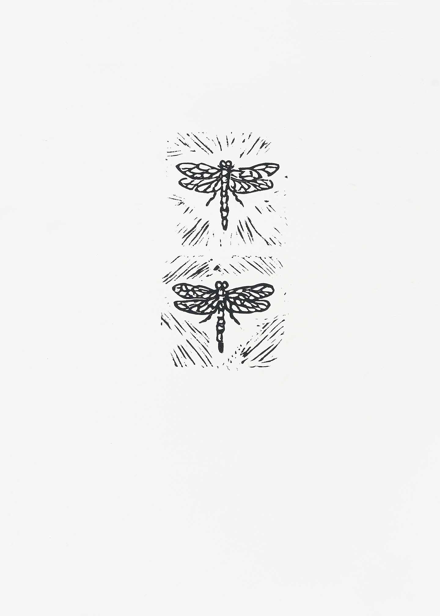 Minimalist dragonfly artwork with two hand-printed black dragonflies in vertical alignment and radiant linework