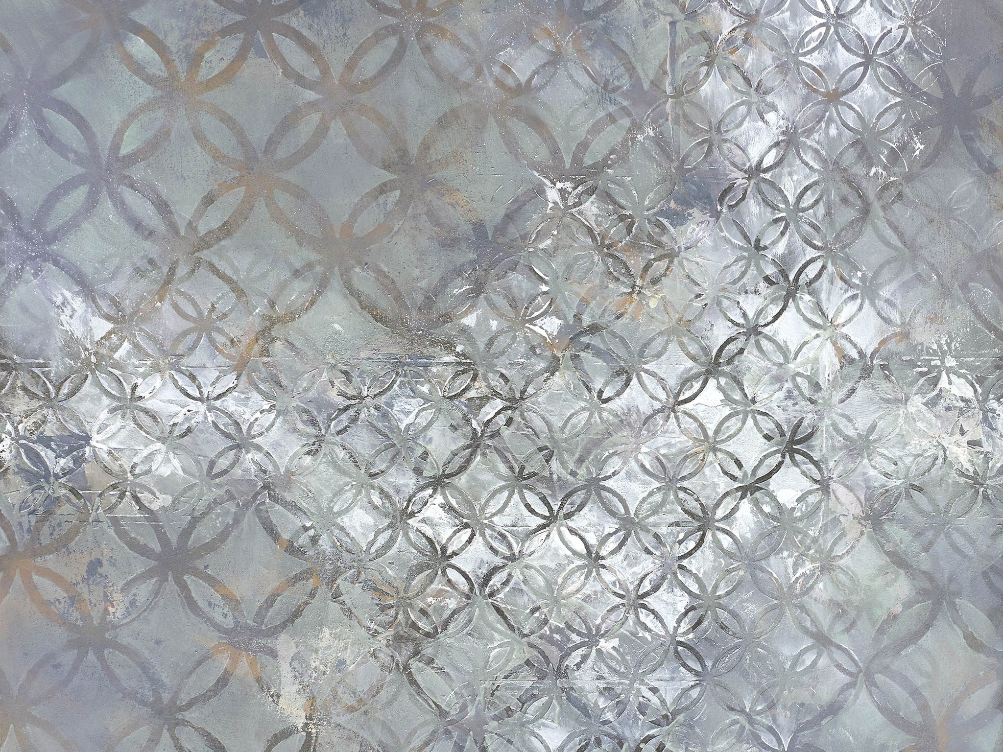 Ethereal abstract pattern art with soft metallic tones, arabesque motifs, and layered pale blue, silver, and rust textures