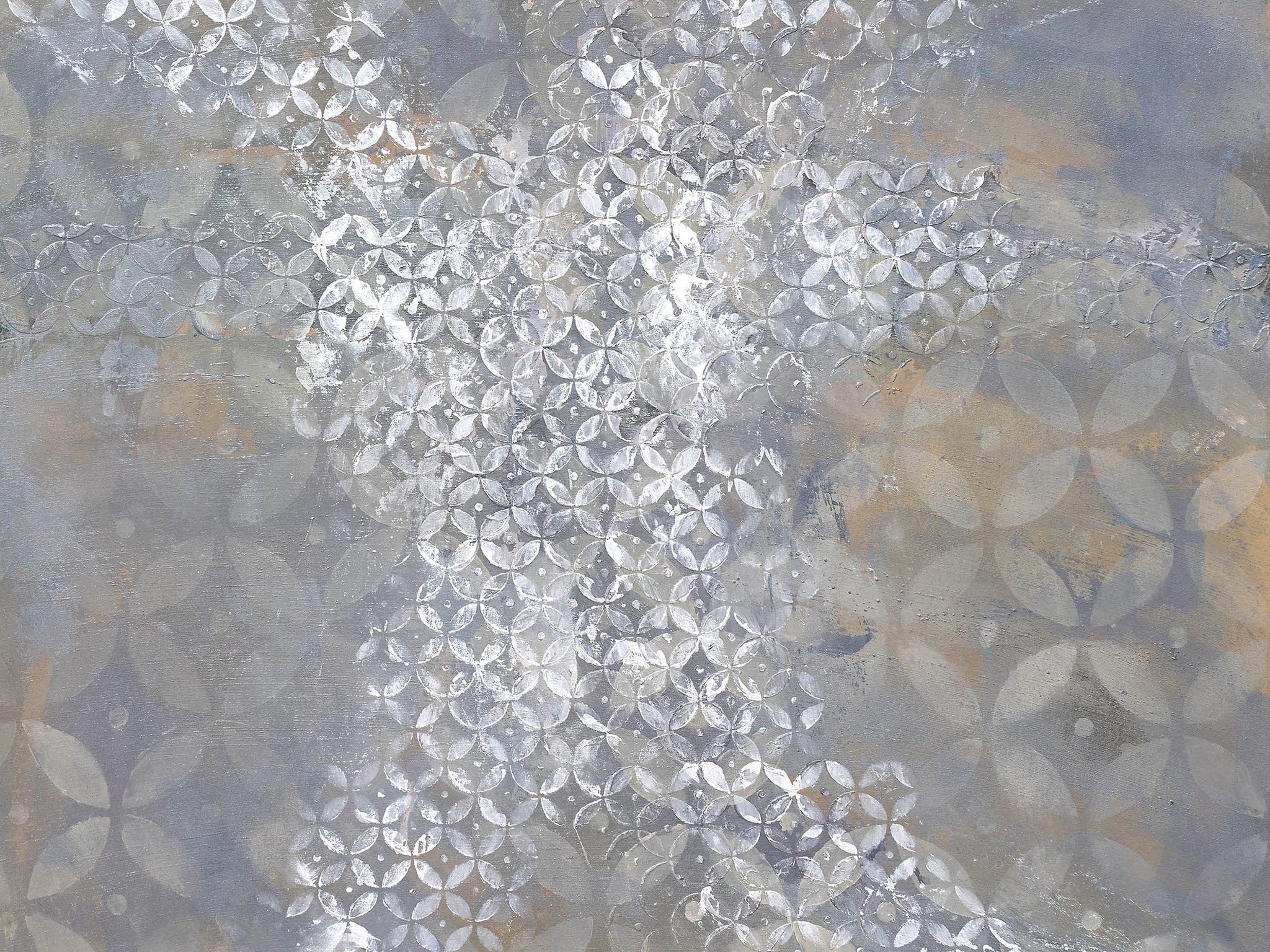 Layered abstract floral art with shimmering petal lattice over silver, slate, and soft ochre tones