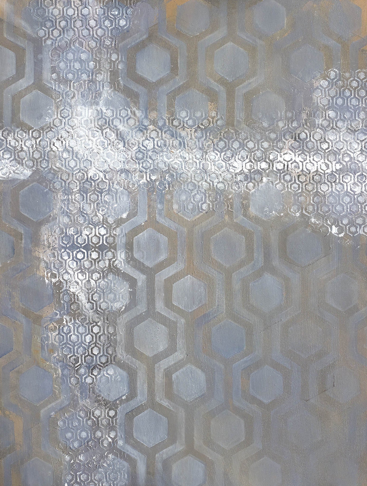 Geometric abstract honeycomb art with layered iridescent hexagons over silver, taupe, and dusty blue textures