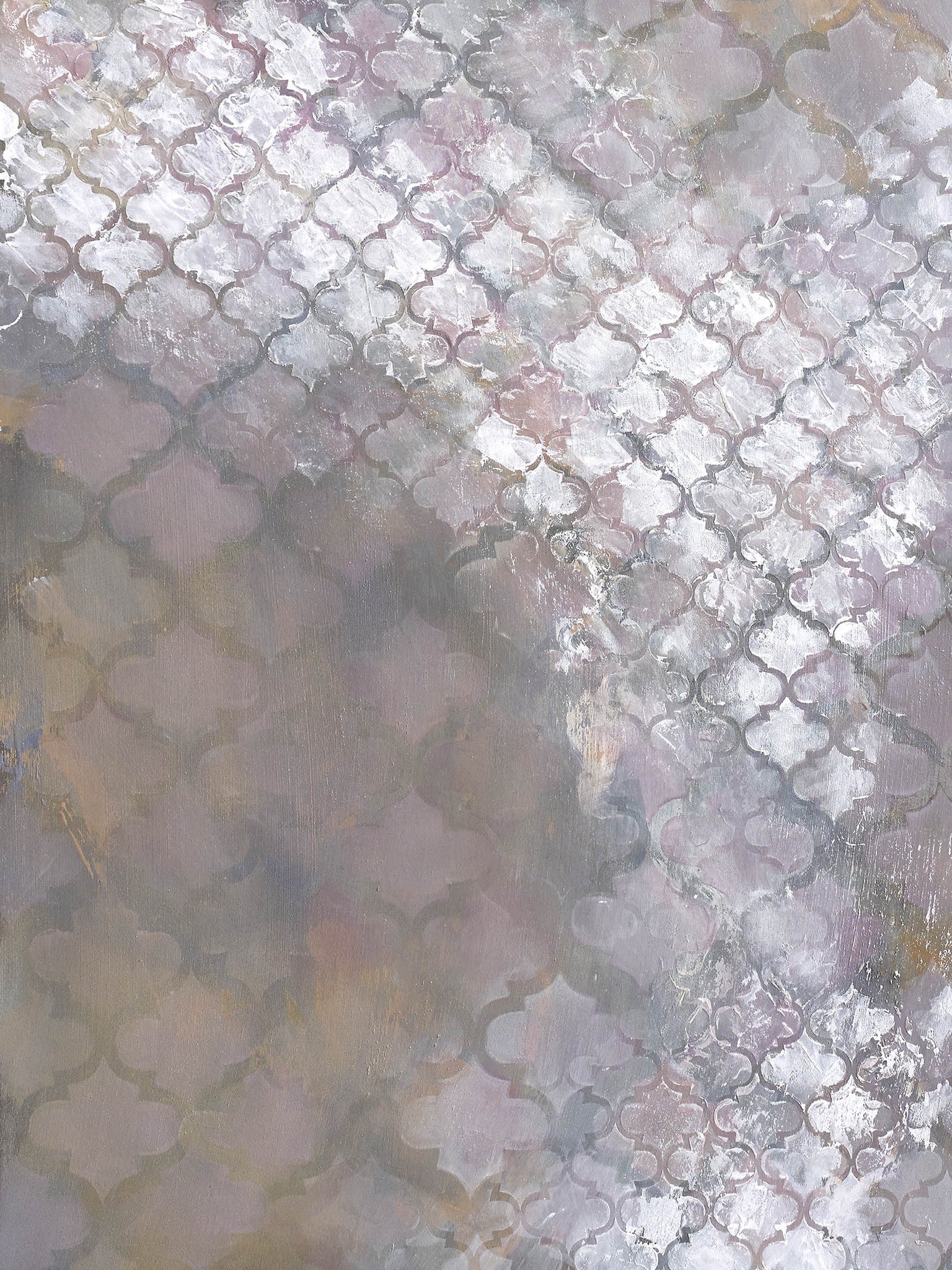 Ornamental abstract wall art with soft mauve, silver, and blush hues layered with misty quatrefoil patterns