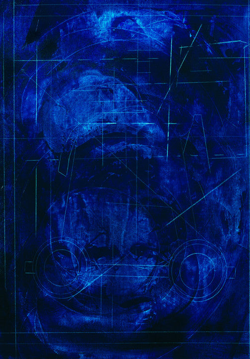 Abstract artwork in electric blue with layered geometric lines and circular motifs, blending chaos and harmony in a bold modern design