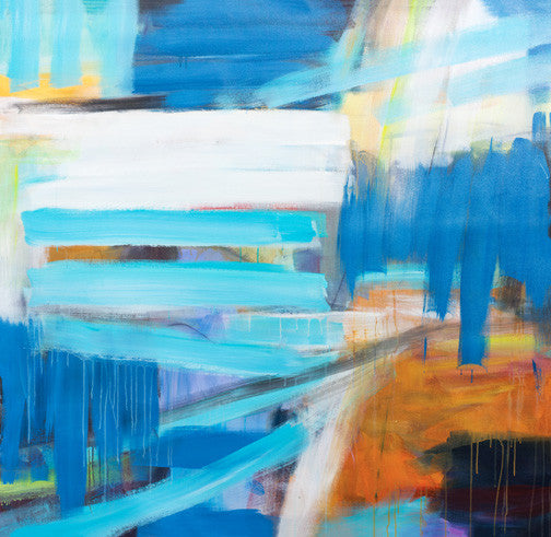 Vibrant abstract painting in blue, orange, and white with dynamic strokes and dripping textures, evoking movement and creative energy