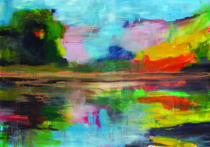 Expressive abstract landscape painting with vibrant spring colors, bold fluid brushstrokes, and reflective textures evoking renewal and natural harmony