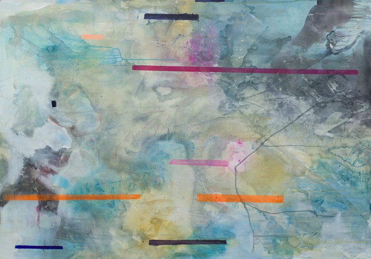 Dreamy abstract painting with soft blues and greys accented by vivid pink, orange, and purple, with floating geometric lines creating a cloud-like effect.