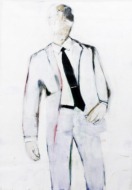 Contemporary figurative painting of a faceless man in a white suit and black tie with expressive brushstrokes.