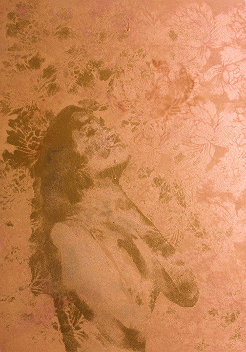 Delicate mixed media artwork of an ethereal female figure emerging from a textured floral copper-toned background, evoking identity, sensuality, and memory.