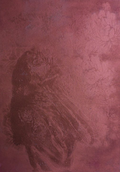 Atmospheric mixed media painting of a veiled female figure blending into a rose-toned floral background, evoking presence, vulnerability, and fading memory.