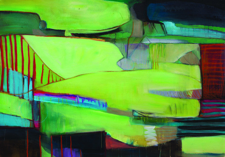 Urban abstract landscape with neon green, deep blue, and crimson geometric shapes.