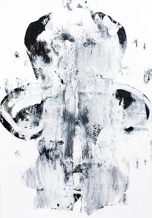 Black and white abstract painting with bold mirrored brushstrokes and expressive texture.