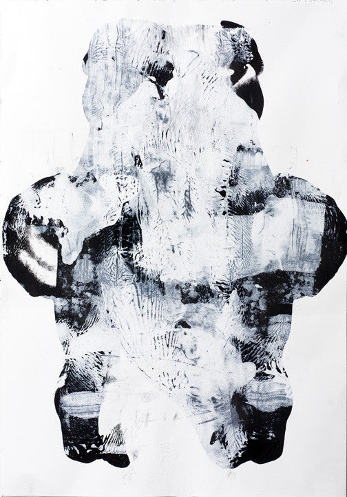 Monochrome abstract painting with mirrored black and white brushstrokes and bold texture.