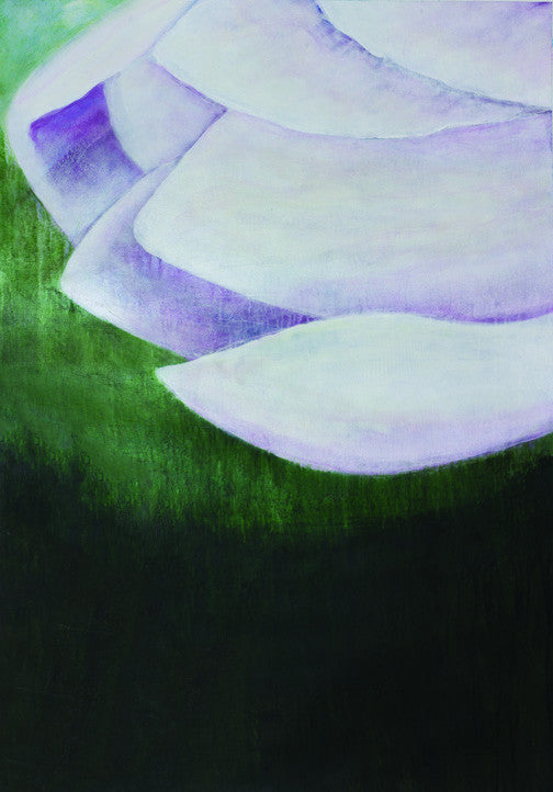 Contemplative floral painting with lavender petals unfolding against a green background, evoking softness and renewal