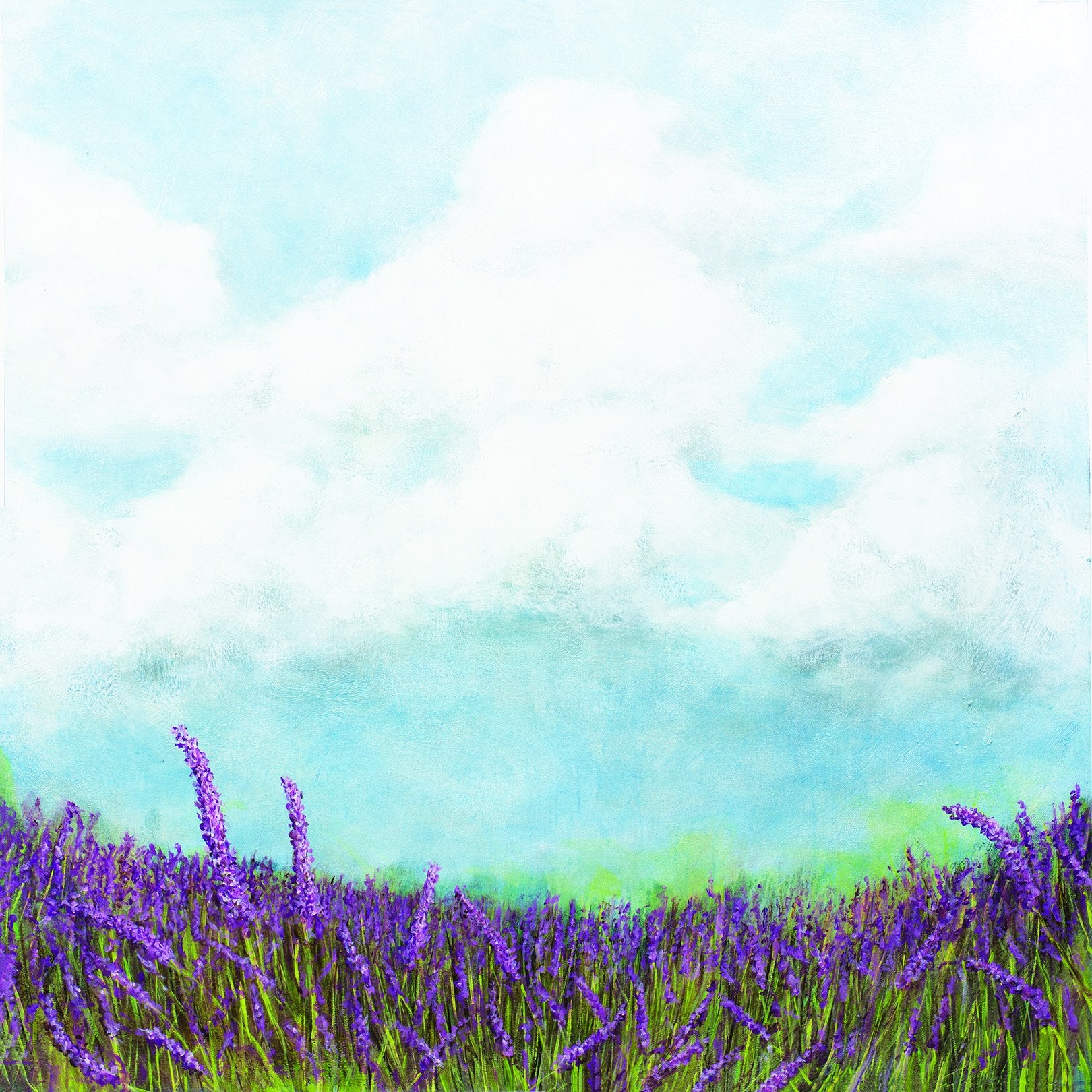 Lavender field wall art with calm sky, soft colors, and customizable framing options
